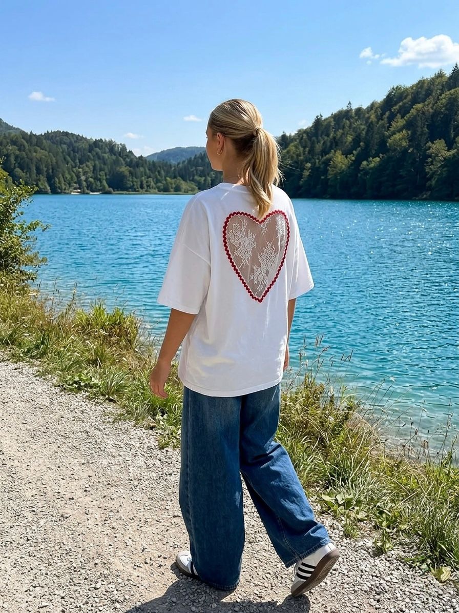 Juni - T-shirt Oversize Dos Ouvert En Coeur Dentelle