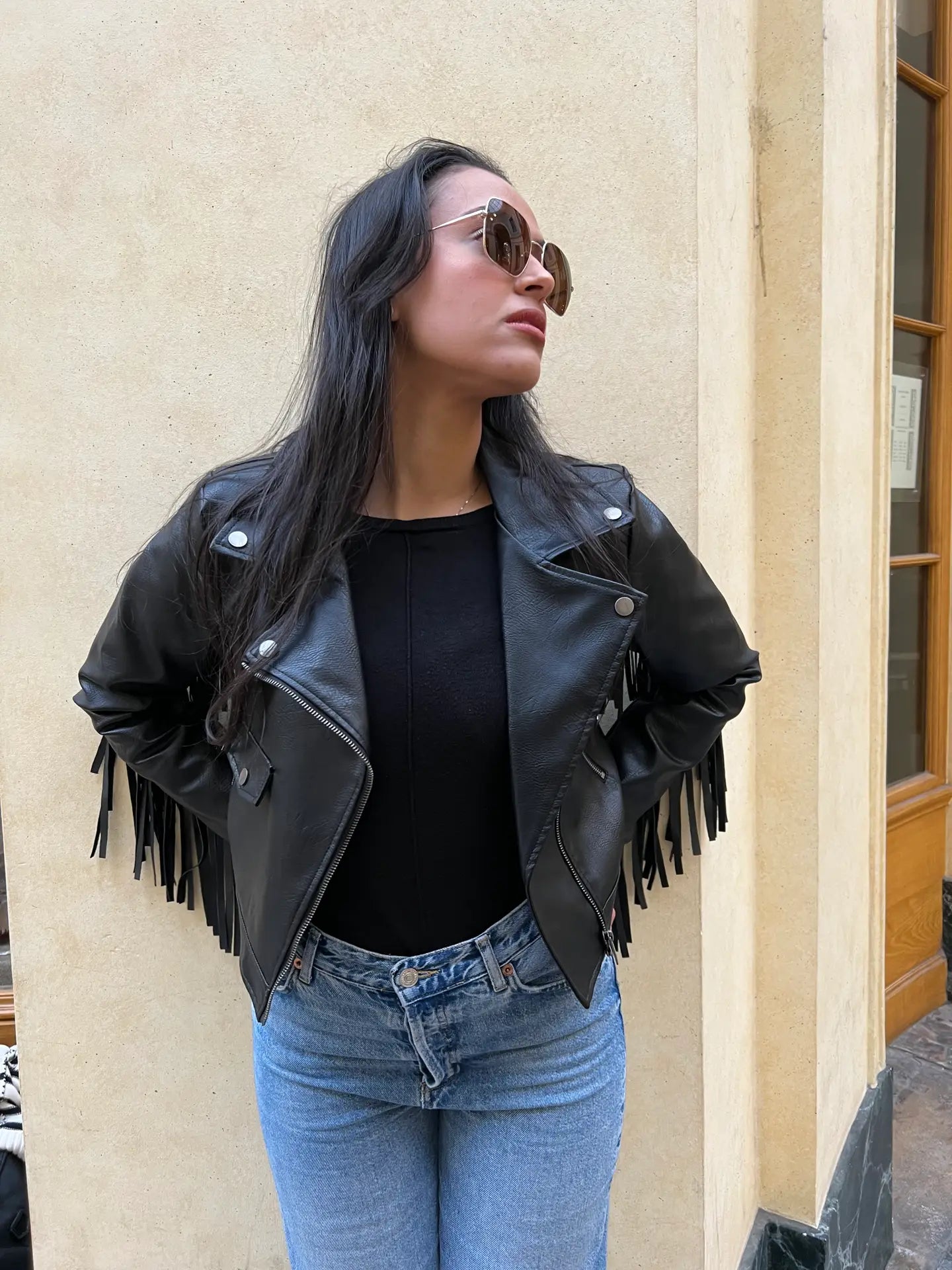 Faux leather fringed jacket